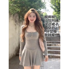 批发原版1*1德绒小个子辣妹穿搭长袖连衣裙女秋性感收腰a字短裙子