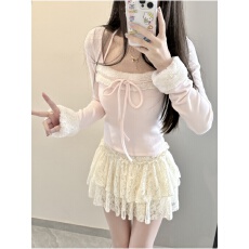 批发纯欲<b class='q'>甜美</b>风毛毛拼接方领挂脖长袖T恤女秋冬新款修身显瘦内搭上衣