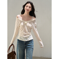 批发雪花星空V领蕾丝拼接长袖T恤女2025秋季新款小众立花设计上衣