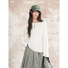 批发40支精棉不规则木扣卷边设计感长袖t恤女秋宽松休闲百搭上衣