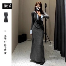 批发法式灰色针织毛衣内搭<b class='q'>连衣裙</b>子<b class='q'>女</b>秋冬季2025新款入秋气质包臀长<b class='q'>裙</b>