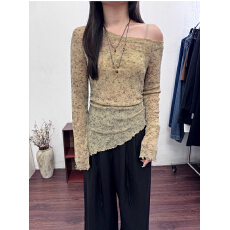 批发韩银秋季新款法式复古晕染斜领不规则下摆上衣长袖网纱<b class='q'>小衫</b>