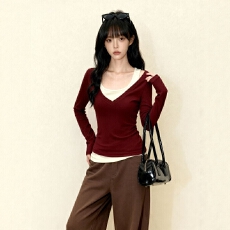 红色假两件长袖T恤女秋冬美式复古设计感小众内搭针织打底衫上衣
