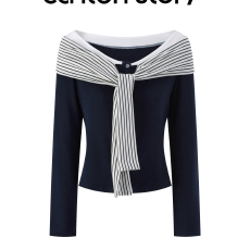 批发羊城故事 藏蓝色拼接条纹绑带长袖t恤女2025早秋新款时尚修身上衣