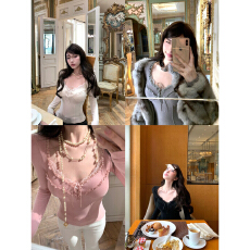 批发FuunJ Dolly特莉丝收腰蕾丝拼接系带针织T恤女带胸垫内搭打底上衣