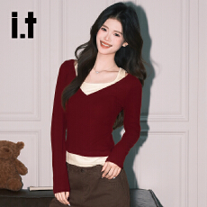 批发甜辣红色收腰假两件T恤女韩系修身V领纯欲打底上衣