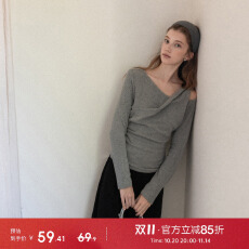 批发人棉270克韩系斜领露肩假两件<b class='q'>t</b><b class='q'>恤</b>女秋季新款纯欲斜肩修身上衣