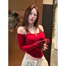 批发人棉270克抓毛圣诞亮片秋冬新款拼接<b class='q'>长袖</b>修身露肩上衣女