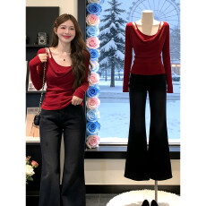 批发【法国罗纹】韩系圣诞新年氛围红色毛衣女冬季内搭针织衫上衣<b class='q'>套装</b>