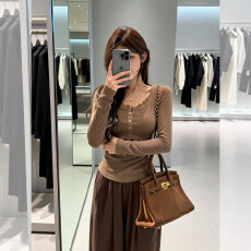 批发蕾丝拼接磨毛<b class='q'>打底</b>T恤女秋冬新款高级感收腰修身显瘦内搭<b class='q'>上衣</b>袖