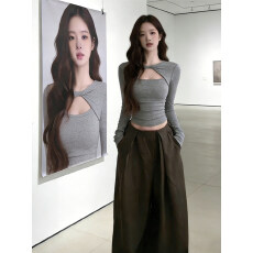 批发人棉270克抓毛扭结镂空长袖T恤女春季打底衫修身显瘦内搭上衣