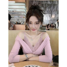 批发人棉270克抓毛假两件蕾丝拼接打底衫女内搭露肩长袖上衣秋冬