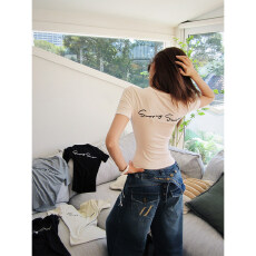 批发李婉君美式圆领字母短袖女士日常百搭修身<b class='q'>显瘦</b>内搭T恤上衣