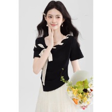 批发40支精棉黑色斜肩短袖T恤女夏季独特绝美气质显瘦漂亮上衣