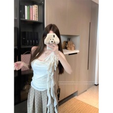 批发【天丝螺纹】荷叶边米色荡领无袖T恤女夏褶皱修身收腰温柔上衣