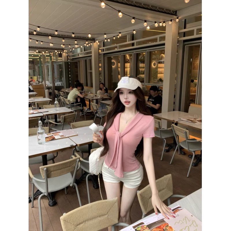 RY2044# 纯欲风系带短袖T恤女装夏季修身显瘦上衣