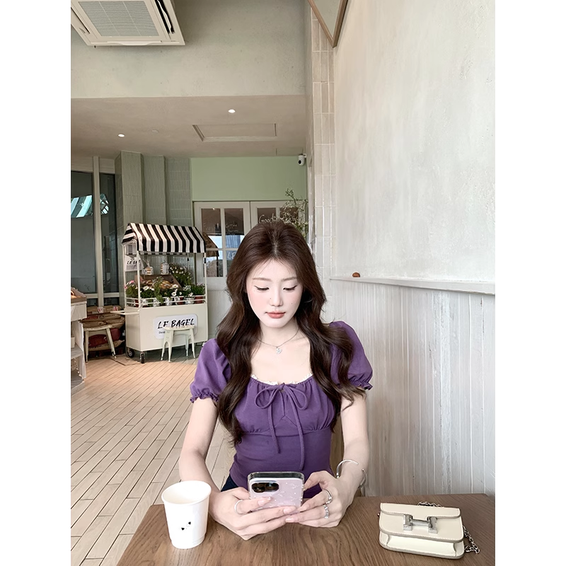 RY2043# 泽西岛玫瑰温柔蕾丝方领花苞袖短款上衣一字肩