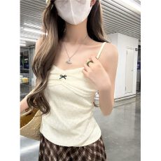 批发kumikumi甜美风褶皱修身吊带背心<b class='q'>女</b>装夏季减龄蕾丝蝴蝶结无袖上衣