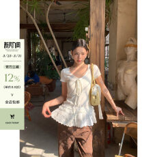 批发宋正恩白色<b class='q'>V领</b>蕾丝花边绑带正肩短袖t恤女夏季修身独特超好看上衣