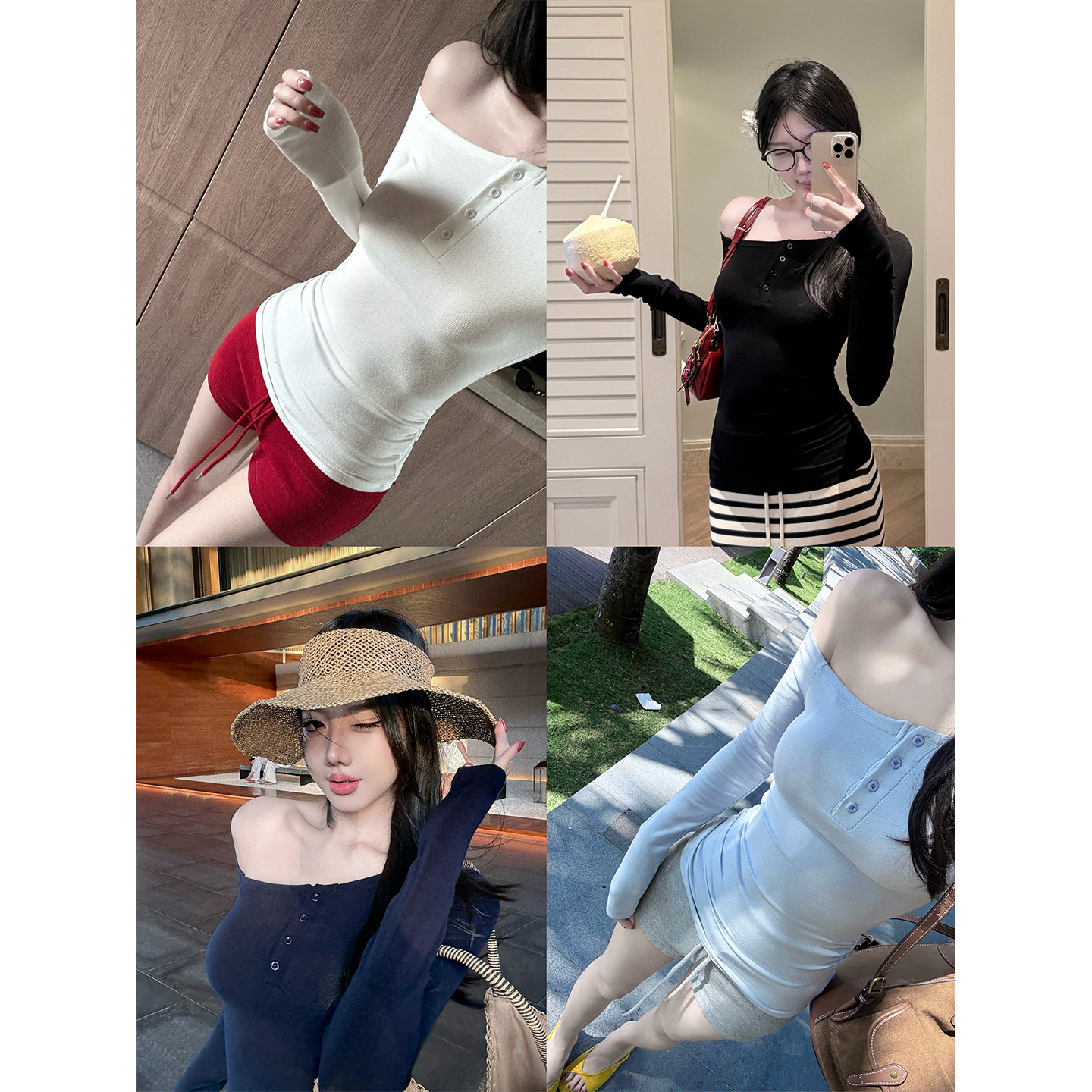 laareetoo 섹시함 순수한 욕망 비스듬한 어깨 긴팔 티셔츠 여성 봄 여름 몸매 가꾸기 슬림해 보이는 디자인 센스 맨위 오프숄더 동정