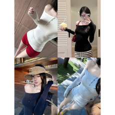 性感纯欲斜肩长袖T恤女春夏修身显瘦设计感上衣露肩体恤