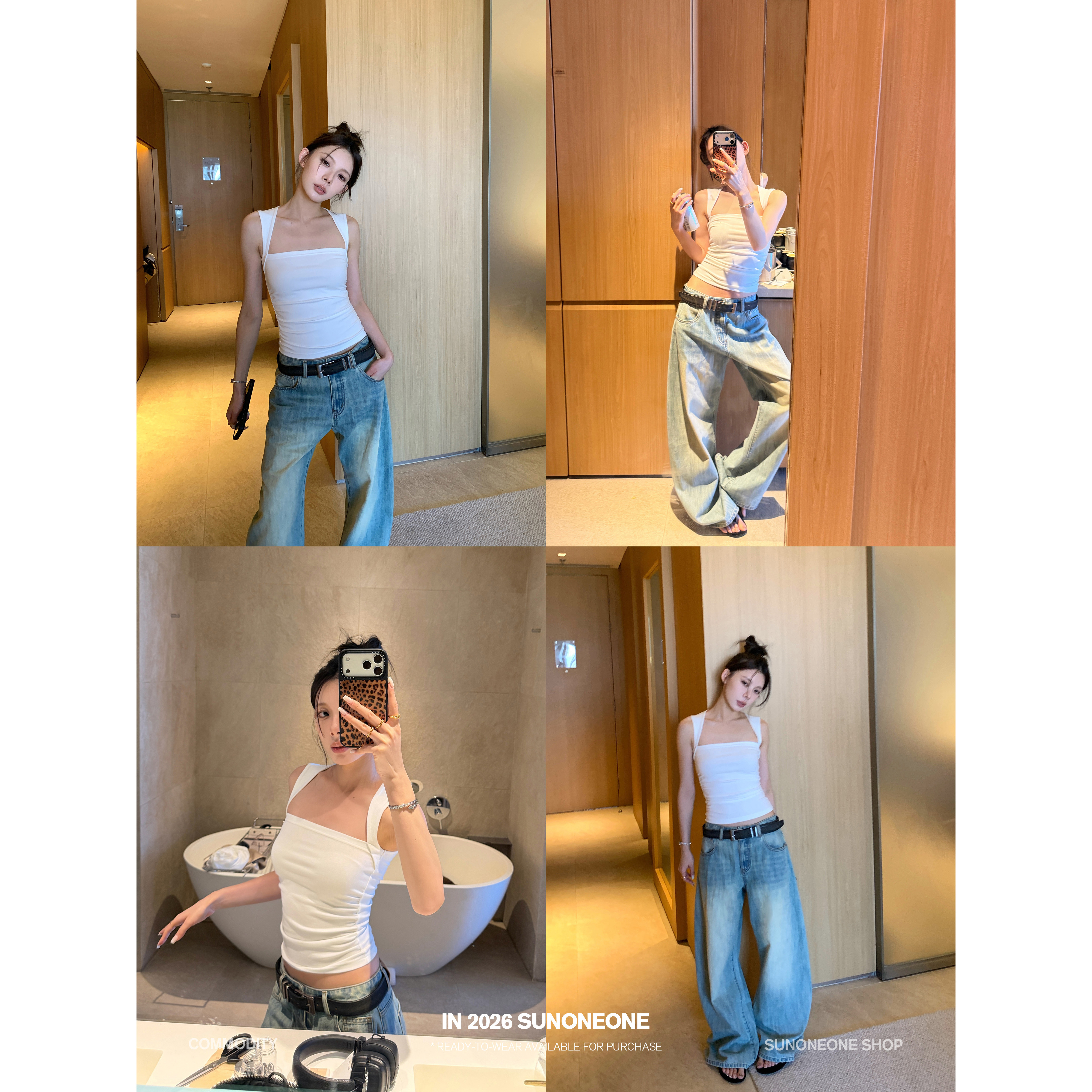 sunoneone 광장 칼라 몸매 가꾸기 슬림해 보이는 스트라이프 만나는 캐미솔 봄 새로운 핫걸 허리 수축 맨위