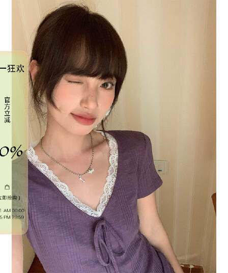 하나 반짝임 한 부서 작은 셔츠 긍정적 인 어깨 레이스 조각 V넥 맨위 레이스 몸매 가꾸기 보라색 반팔 티셔츠 여성 여름