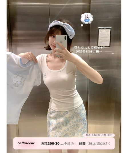 callmeear 레이스 고양이 디자인 센스 반팔 티셔츠 여성 봄 몸매 가꾸기 슬림해 보이는 맨위