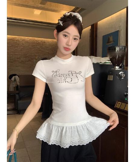 사람들 면 270 그램 나비 매듭 핫픽스 레이스 검정색 반팔 티셔츠 여성 여름 몸매 가꾸기 긍정적 인 어깨 쇼트 스타일 맨위