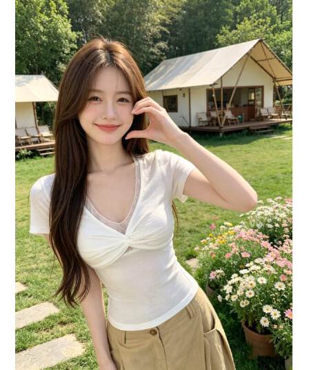 pphome 순수한 욕망 섹시함 레이스 조각 V넥 매듭 반팔 티셔츠 여성 봄 여름 몸매 가꾸기 슬림해 보이는 쇼트 스타일 맨위