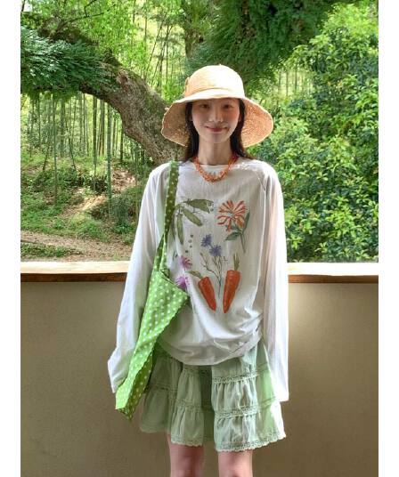 달콤함 일본식 귀여운 바람 눈꽃 면 긴팔 티셔츠 여성 여름 루즈핏 느긋한 윈디 핏 스타일 자외선 차단 블라우스 맨위