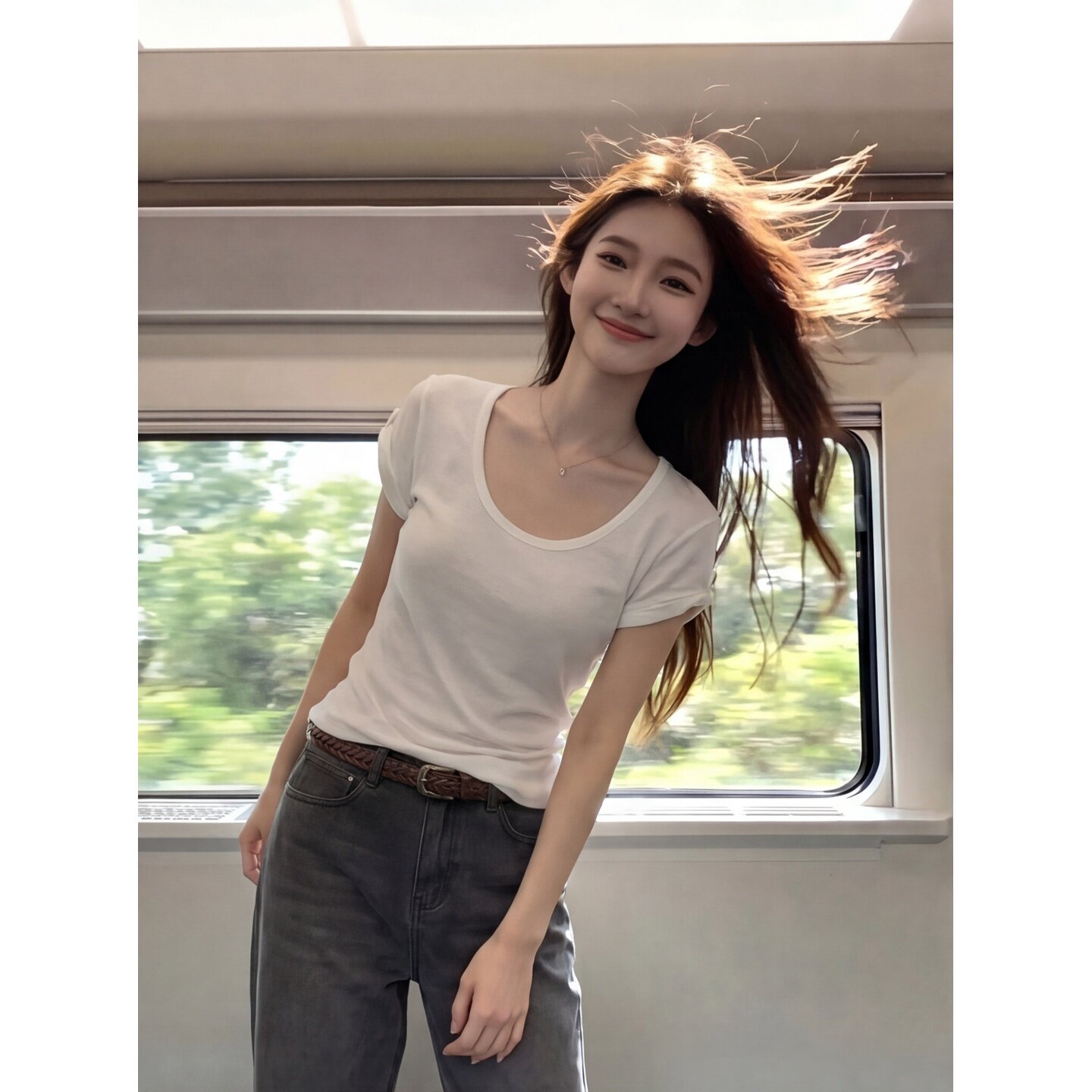 한 부서 화이트 라운드 넥 긍정적 인 어깨 반팔 티셔츠 여성 여름 기초 섹션 미니멀리즘 슈퍼 잘 생긴 다용도 캐주얼 출퇴근 맨위
