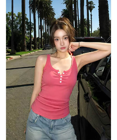 로즈 레드 반 개방 칼라 캐미솔 여름 외출용 몸매 가꾸기 슬림해 보이는 핫걸 고유 한 아름다운 그레이트 봐. 의류