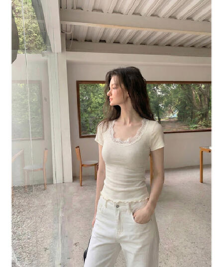 순수한 욕망 대 u 칼라 레이스 조각 반팔 티셔츠 여성 여름 긍정적 인 어깨 몸매 가꾸기 다용도 짧은 맨위