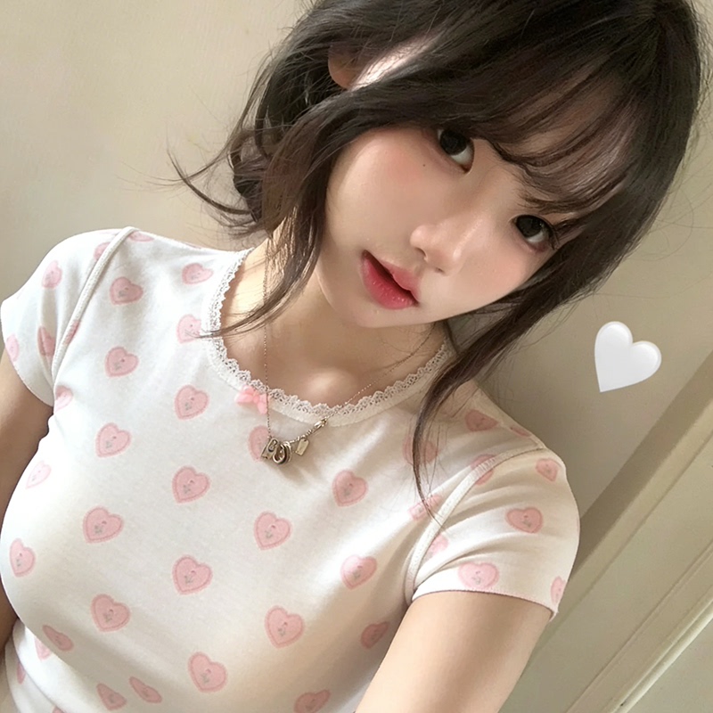 e 하트 프린트 u 칼라 달콤함 긍정적 인 어깨 레이스 반팔 티셔츠 여성