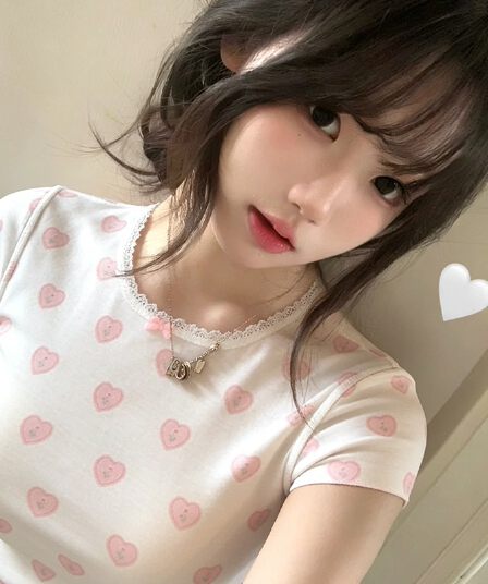 with love 하트 프린트 u 칼라 달콤함 긍정적 인 어깨 레이스 반팔 티셔츠 여성