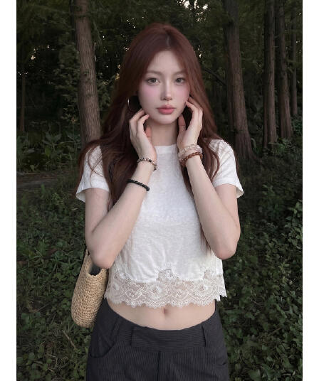 한 부서 천 골드 센스 화이트 레이스 레이스 반팔 티셔츠 여성 여름 고급 센스 순수한 욕망 다용도 쇼트 스타일 맨위