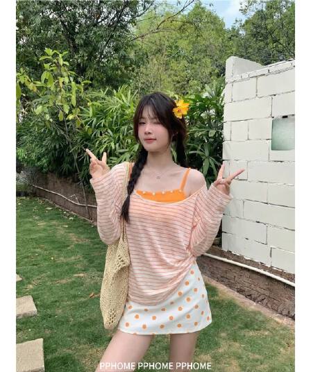 밝은 여성 주님 주황색 순수한 욕망 조개 버클 슬립 스트라이프 티셔츠 세트 여성