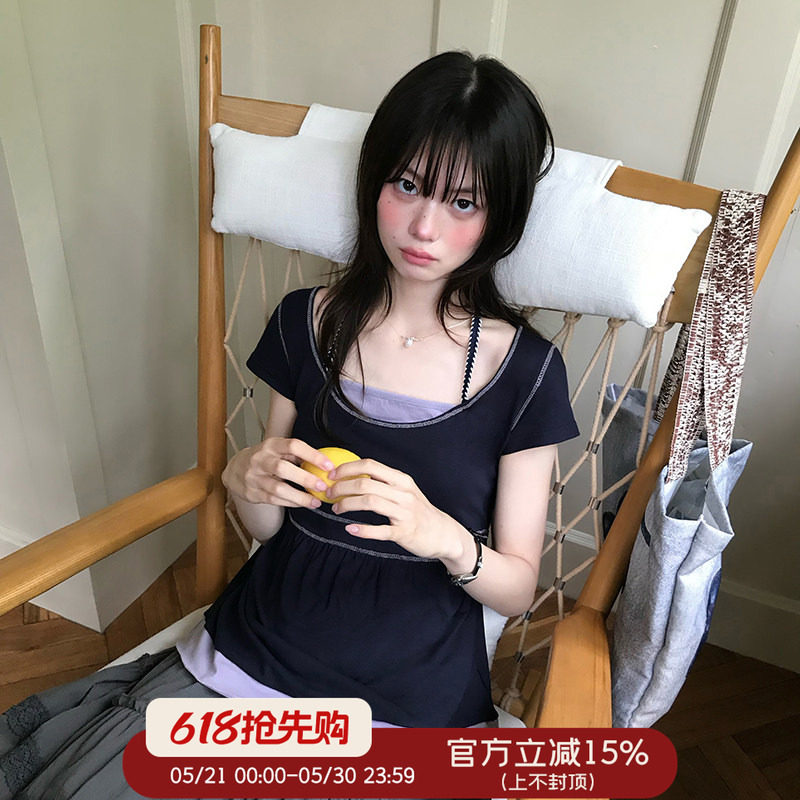 다우 시시 주간 징하이 연기 보라색 출퇴근 페이크 레이어드 행침 목 반팔 맨위 여름 루즈핏 다용도 u 종류 티셔츠 여성