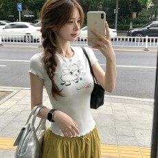 批发休闲慵懒风白色短袖T恤女小羊印花爱心花边清新明媚上衣夏季新款