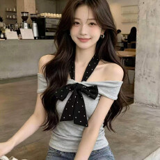 批发纯欲辣妹风波点挂脖<b class='q'>一字肩</b>t恤女2026年新款独特别致绝美初夏上衣