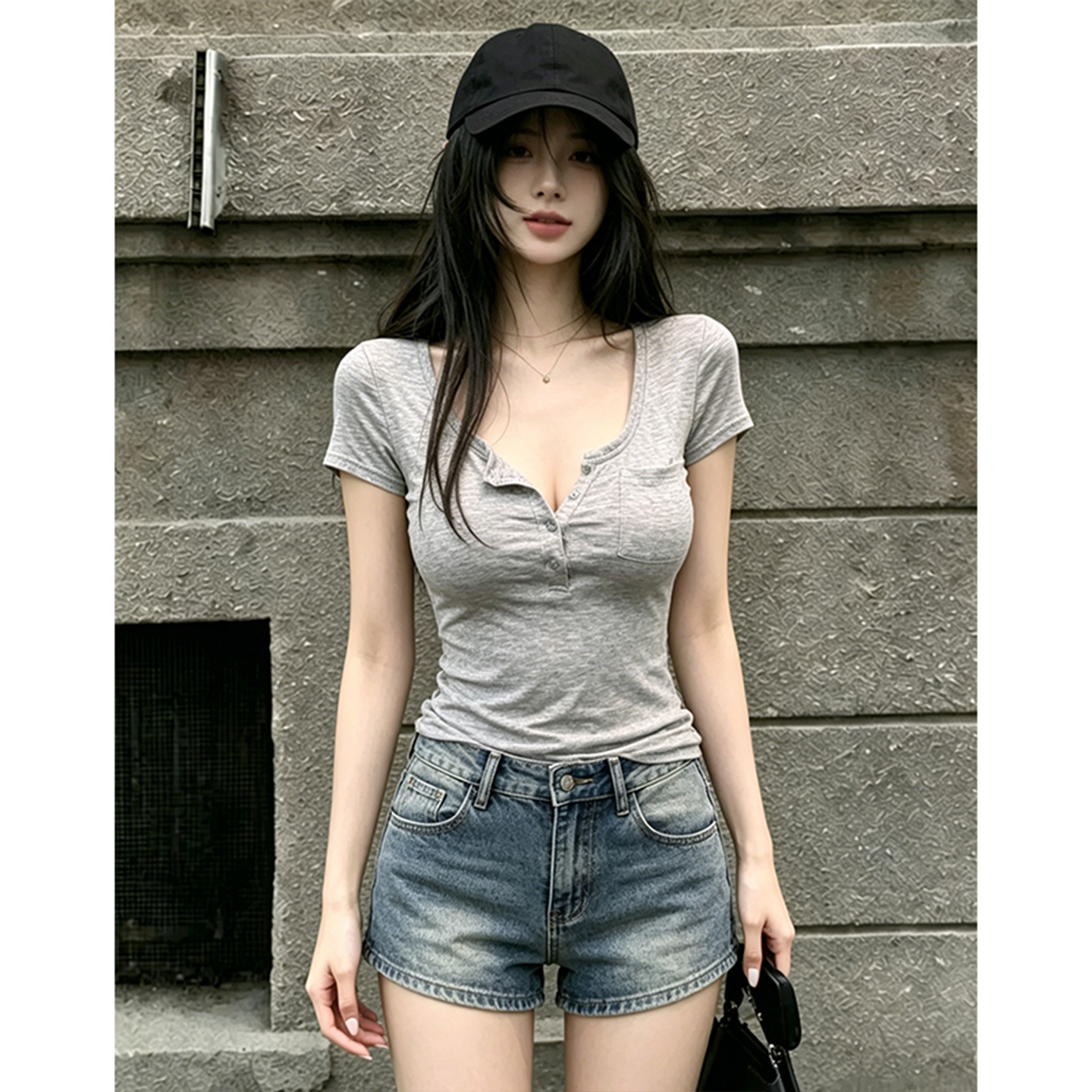 프랑스식 핫걸 헨리 칼라 반팔 티셔츠 여성 여름 단추 주머니 몸매 가꾸기 디자인 센스 슬림해 보이는 회색 다용도 맨위