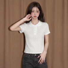 批发波点polo领短袖上衣女夏法式独特漂亮<b class='q'>修身</b>正肩短款T恤