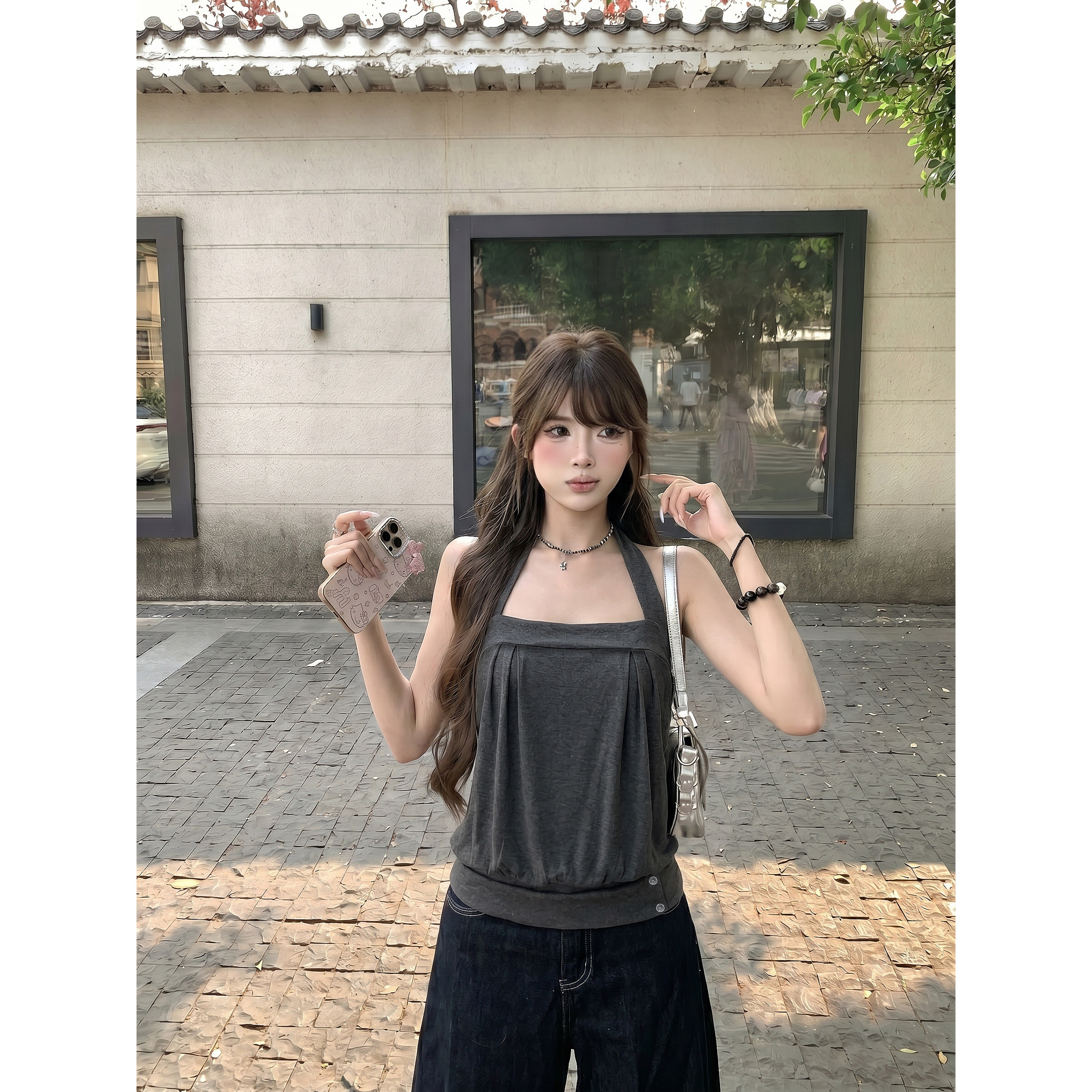 kumikumi 순수한 욕망 바람 어두운 회색 행침 목 조끼 여성 의류 여름 새로운 연령 감소 다용도 민소매 맨위