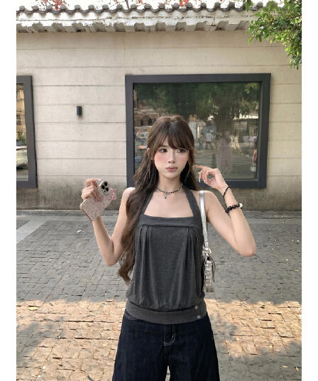 kumikumi 순수한 욕망 바람 어두운 회색 행침 목 조끼 여성 의류 여름 새로운 연령 감소 다용도 민소매 맨위