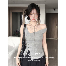 批发设计感斜领不对称开叉纽扣吊带背心女夏季<b class='q'>修身</b>显瘦辣妹风无袖上衣