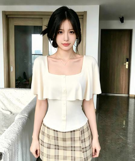 살구 색상 프릴 오프숄더 반팔 티셔츠 여성 2026 여름 새로운 디자인 센스 허리 수축 몸매 가꾸기 슬림해 보이는 맨위