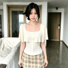 批发杏色荷叶边一字肩短袖T恤女2026夏季新款设计感收腰<b class='q'>修身</b>显瘦上衣