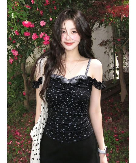 한 부서 여름 페이크 레이어드 여성 캐미솔 슬림해 보이는 고유 한 꽃무늬 오프숄더 핫걸 맨위 몸매 가꾸기 기본 셔츠