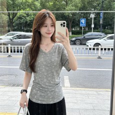 批发灰色v领中袖T恤女2026夏季新款纯欲风印花收腰<b class='q'>修身</b>显瘦上衣